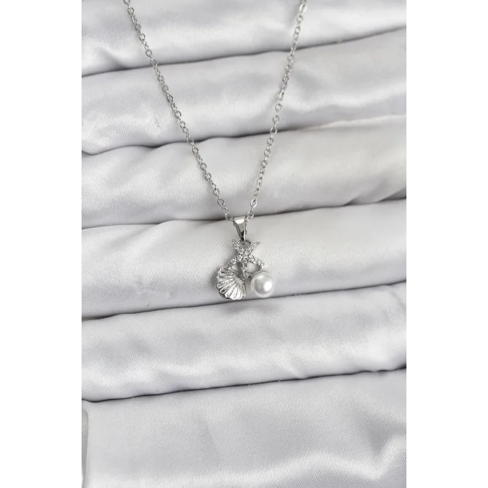 316L Çelik Zincir Gümüş Renk Deniz Kabuğu ve Deniz Yıldızı Model Zirkon Taşlı Kadın Kolye