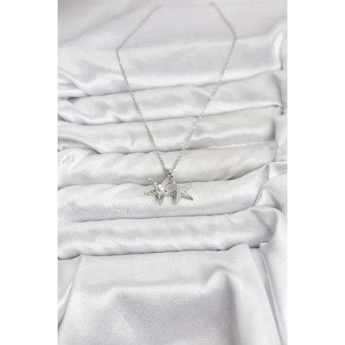 316L Çelik Zincir Gümüş Renk Deniz Yıldızı Model Zirkon Taşlı Kadın Kolye