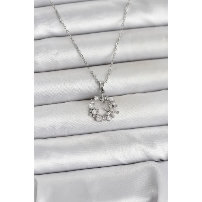 316L Çelik Zincir Gümüş Renk İncili Çiçek Model Kadın Koyle