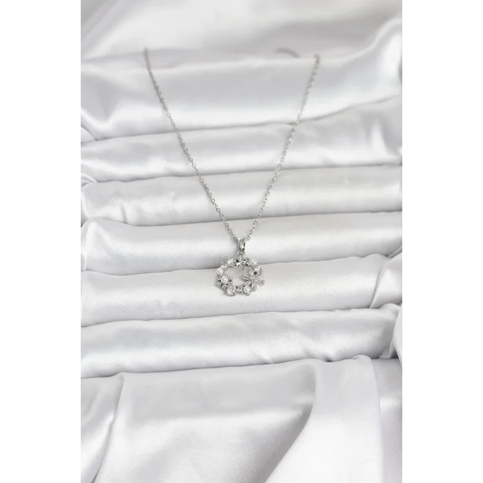 316L Çelik Zincir Gümüş Renk İncili Çiçek Model Kadın Koyle
