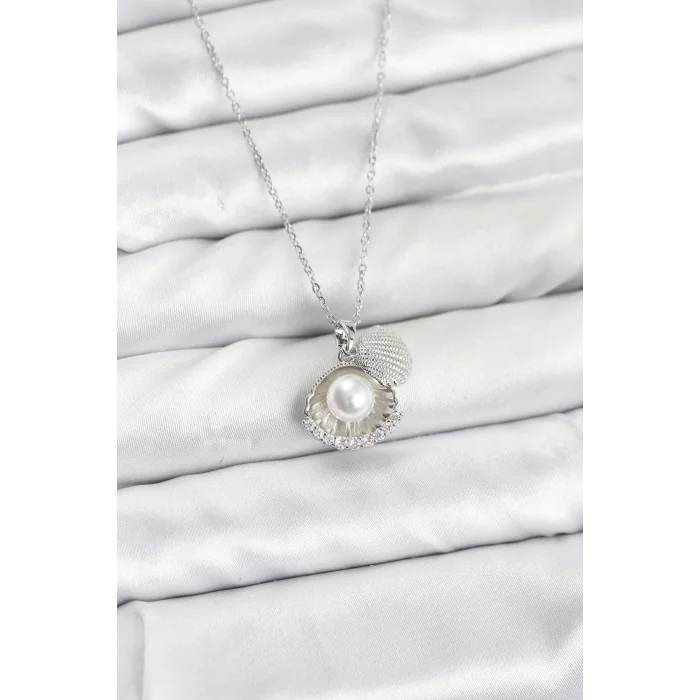 316L Çelik Zincir Gümüş Renk İncili Deniz Kabuğu Model Zirkon Taşlı Kadın Kolye