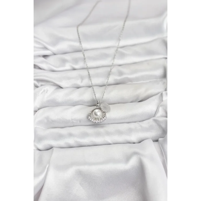 316L Çelik Zincir Gümüş Renk İncili Deniz Kabuğu Model Zirkon Taşlı Kadın Kolye