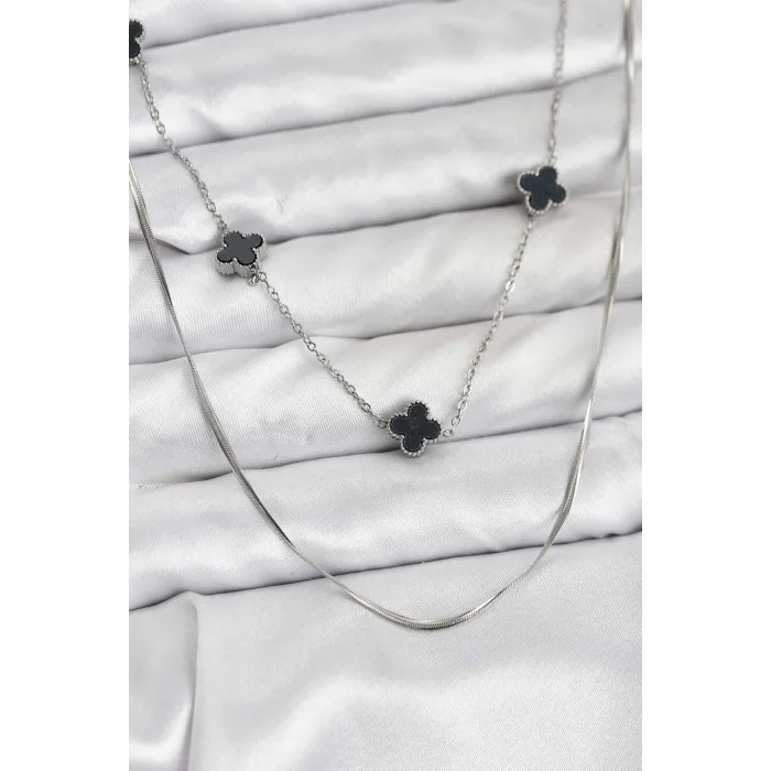 316L Çelik Zincir Gümüş Renk İtalyan Zincirli Siyah Yonca Model Kadın Kolye