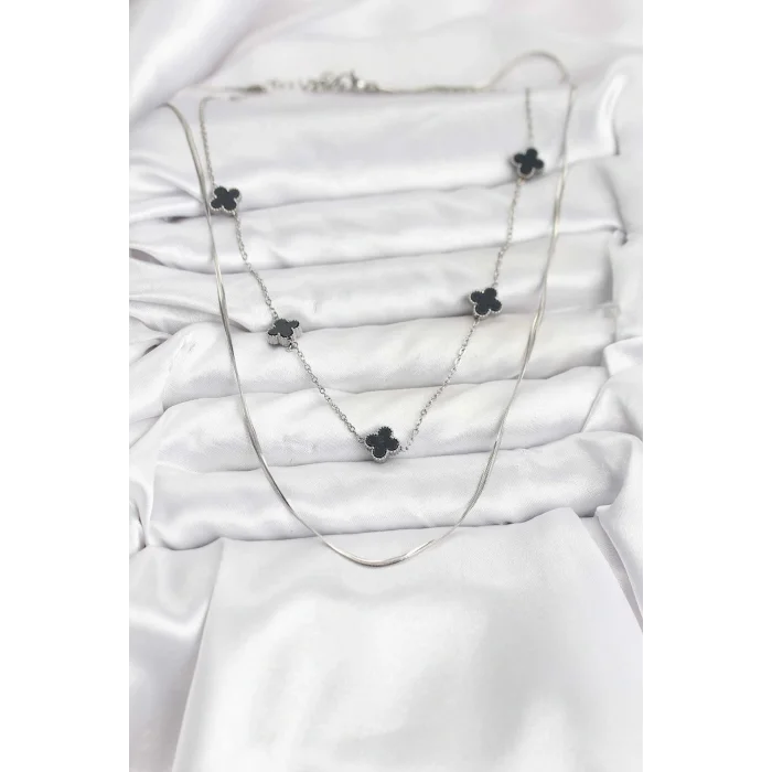 316L Çelik Zincir Gümüş Renk İtalyan Zincirli Siyah Yonca Model Kadın Kolye