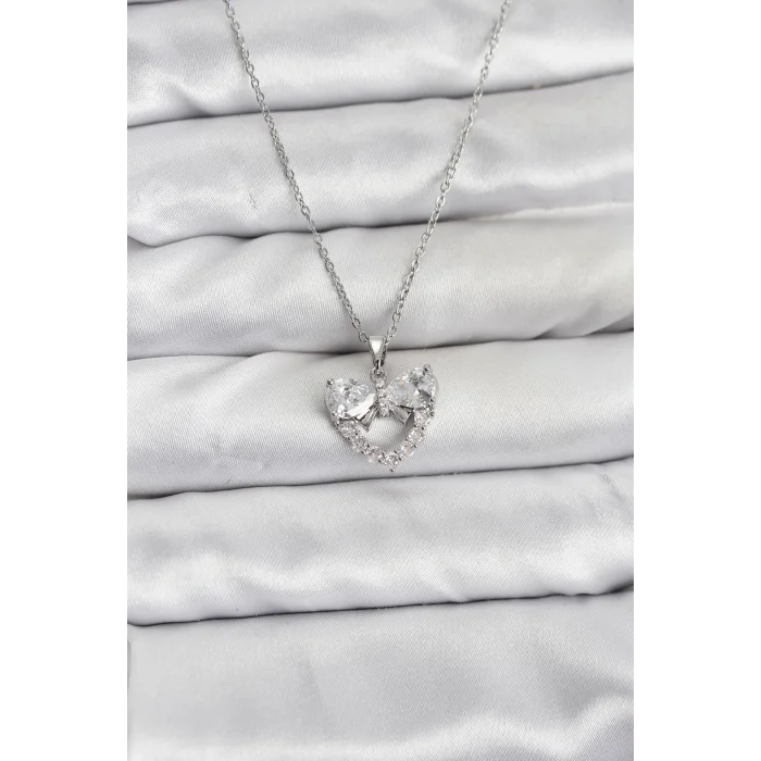 316L Çelik Zincir Gümüş Renk Kalp ve Fiyonk Model Zirkon Taşlı Kadın Kolye