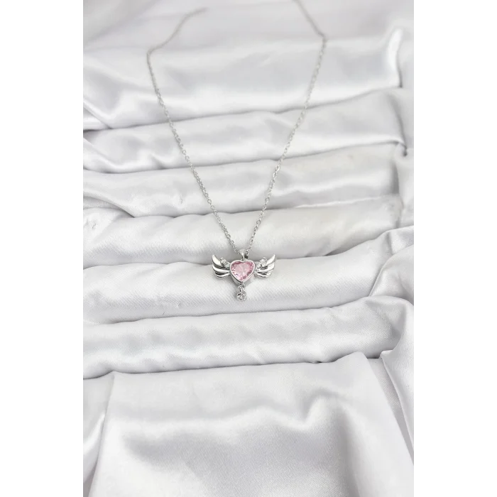 316L Çelik Zincir Gümüş Renk Kanatlı Kalp Model Zirkon Taşlı Kadın Kolye