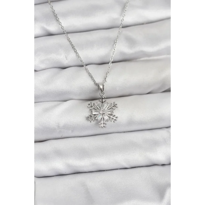 316L Çelik Zincir Gümüş Renk Kar Tanesi Model Zirkon Taşlı Kadın Kolye