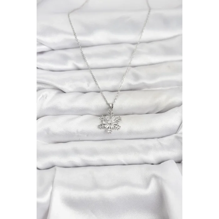 316L Çelik Zincir Gümüş Renk Kar Tanesi Model Zirkon Taşlı Kadın Kolye