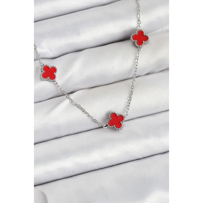 316L Çelik Zincir Gümüş Renk Kırmızı Baby Boy Yonca Kadın Kolye