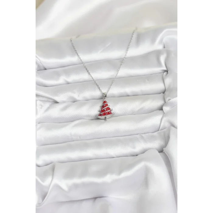 316L Çelik Zincir Gümüş Renk Kırmızı Çam Ağacı Model Yılbaşı Temalı Kadın Kolye