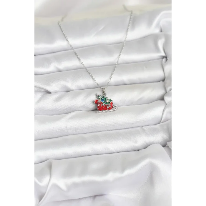 316L Çelik Zincir Gümüş Renk Kızak ve Çam Ağacı Figürlü Yılbaşı Temalı Kadın Kolye