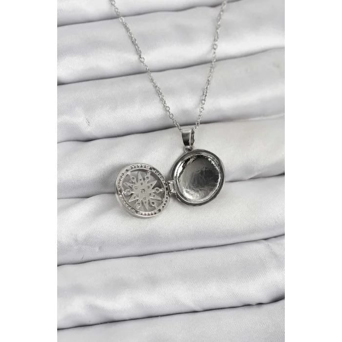 316L Çelik Zincir Gümüş Renk Kutup Yıldızı Kapaklı Model Kadın Kolye