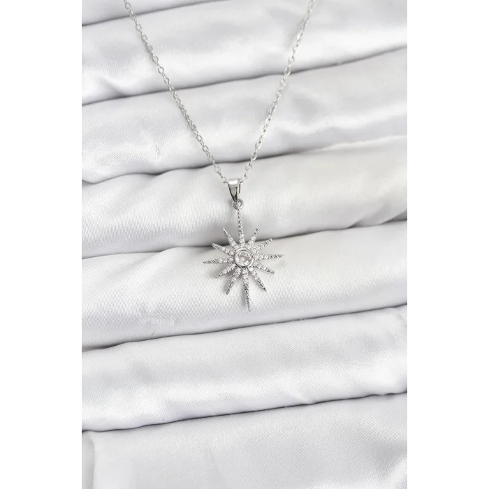 316L Çelik Zincir Gümüş Renk Kutup Yıldızı Model Zirkon Taşlı Kadın Kolye