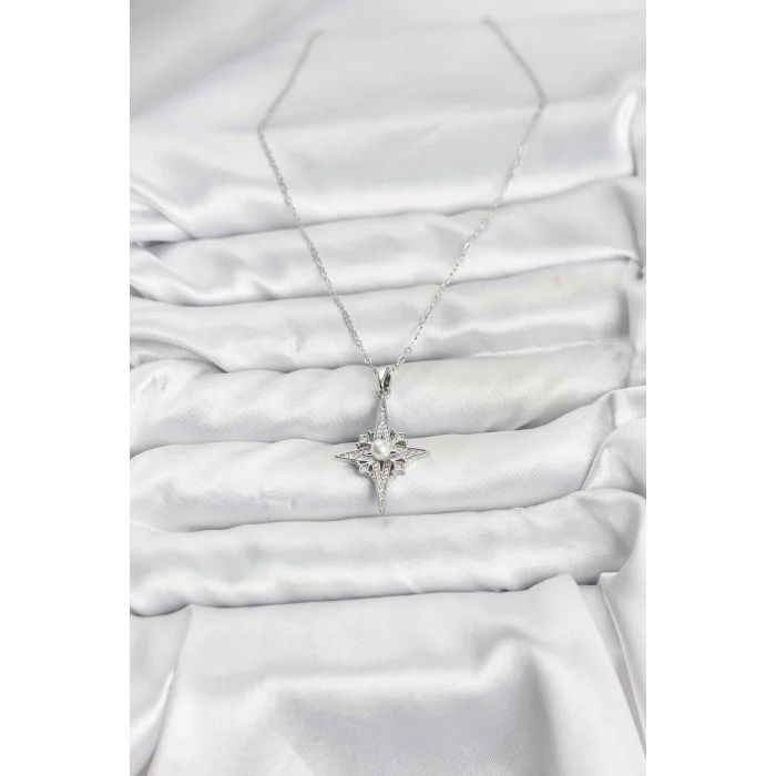 316L Çelik Zincir Gümüş Renk Kutup Yıldızı Model Zirkon Taşlı Kadın Kolye