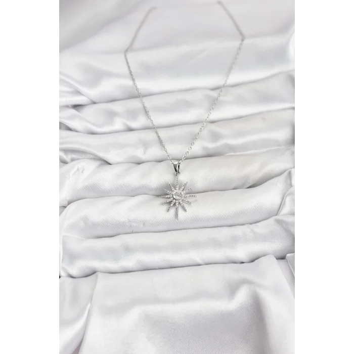 316L Çelik Zincir Gümüş Renk Kutup Yıldızı Model Zirkon Taşlı Kadın Kolye