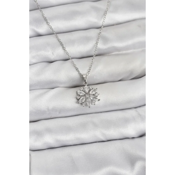 316L Çelik Zincir Gümüş Renk Lotus Model Zirkon Taşlı Kadın Kolye