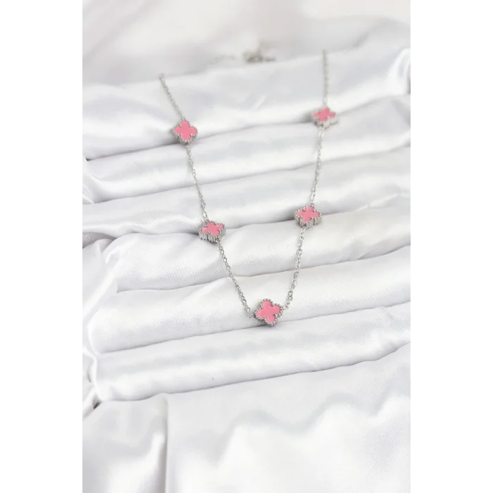 316L Çelik Zincir Gümüş Renk Pembe Baby Boy Yonca Kadın Kolye