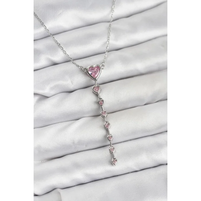 316L Çelik Zincir Gümüş Renk Pembe Kalp Kadın Kolye