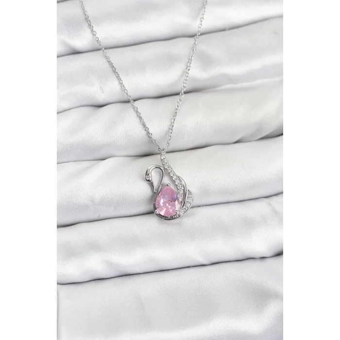 316L Çelik Zincir Gümüş Renk Pembe Kuğu Model Zirkon Taşlı Kadın Kolye