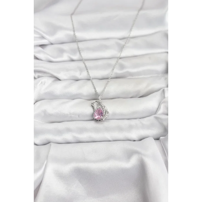 316L Çelik Zincir Gümüş Renk Pembe Kuğu Model Zirkon Taşlı Kadın Kolye