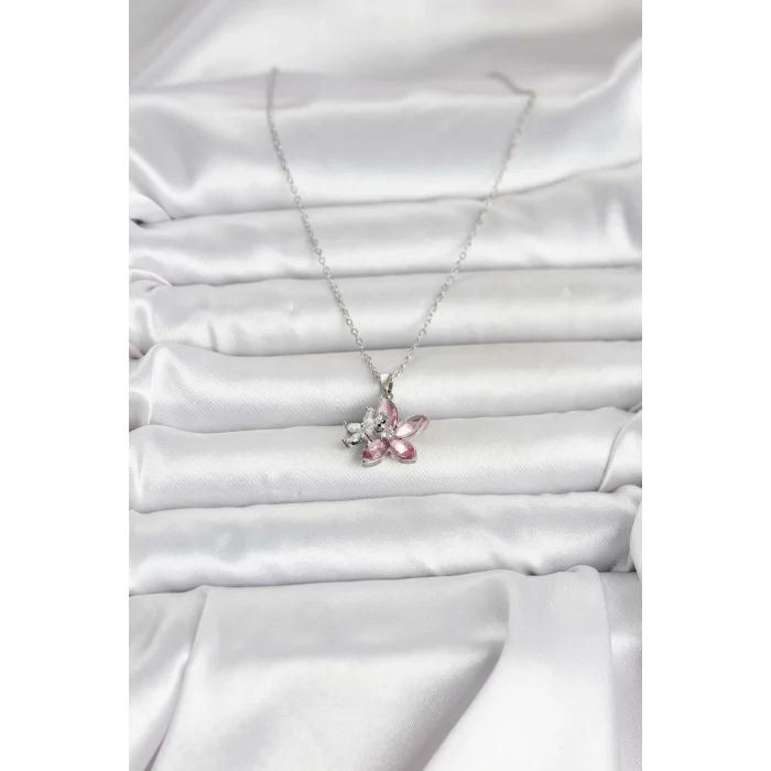 316L Çelik Zincir Gümüş Renk Pembe Lotus Model Kadın Kolye