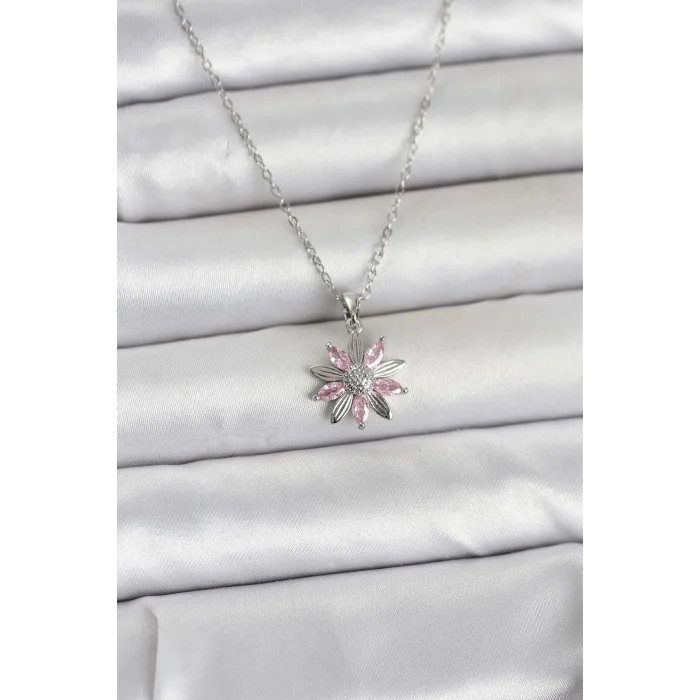 316L Çelik Zincir Gümüş Renk Pembe Papatya Model Kadın Kolye