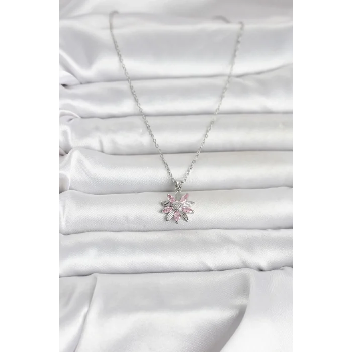 316L Çelik Zincir Gümüş Renk Pembe Papatya Model Kadın Kolye