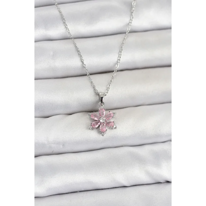 316L Çelik Zincir Gümüş Renk Pembe Zirkon Taşlı Lotus Model Kadın Kolye