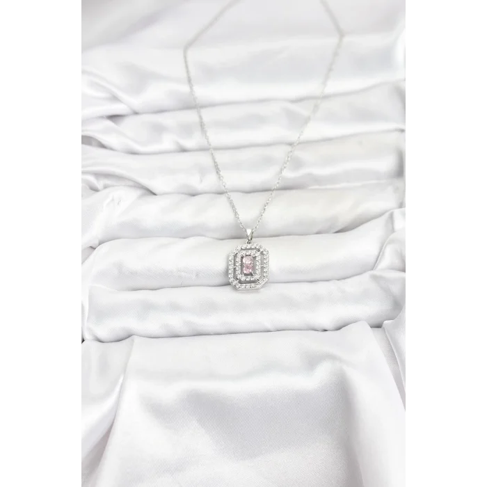 316L Çelik Zincir Gümüş Renk Plaka Model Zirkon Taşlı Kadın Kolye