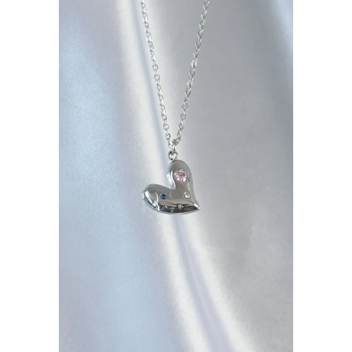 316L Çelik Zincir Gümüş Renk Renkli Zirkon Taşlı Kalp Kolye