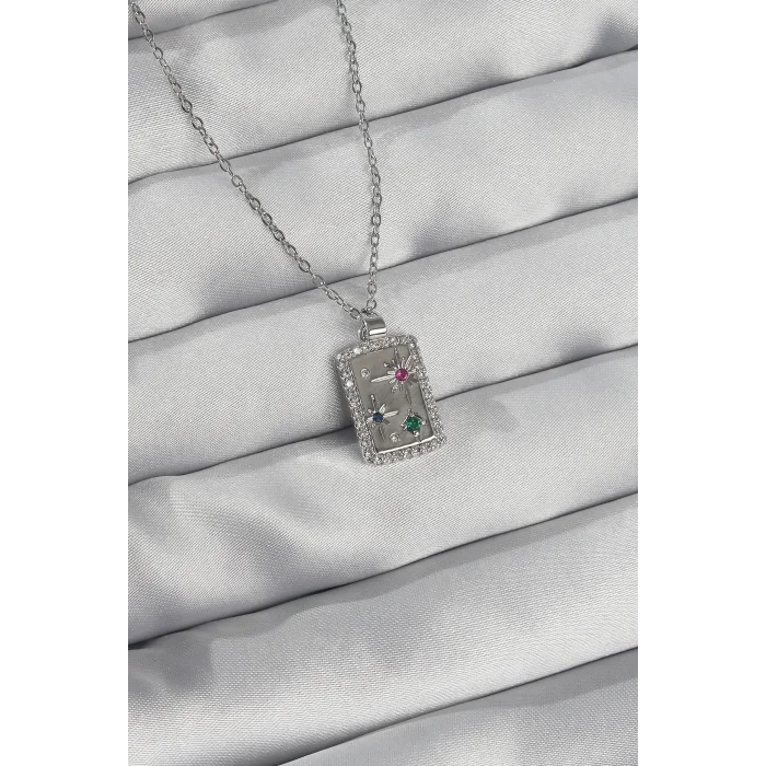 316L Çelik Zincir Gümüş Renk Renkli Zirkon Taşlı Vintage Kolye