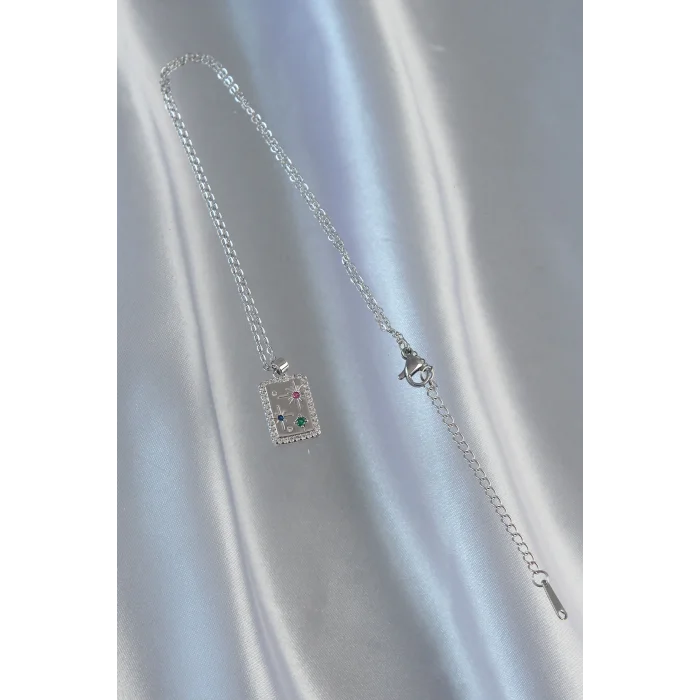 316L Çelik Zincir Gümüş Renk Renkli Zirkon Taşlı Vintage Kolye