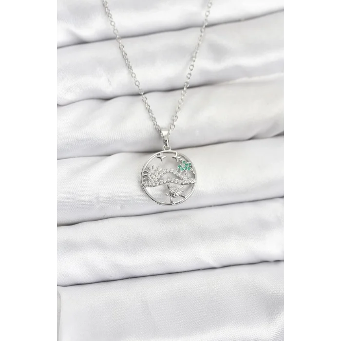 316L Çelik Zincir Gümüş Renk Şans Kolyesi Model Zirkon Taşlı Kadın Kolye