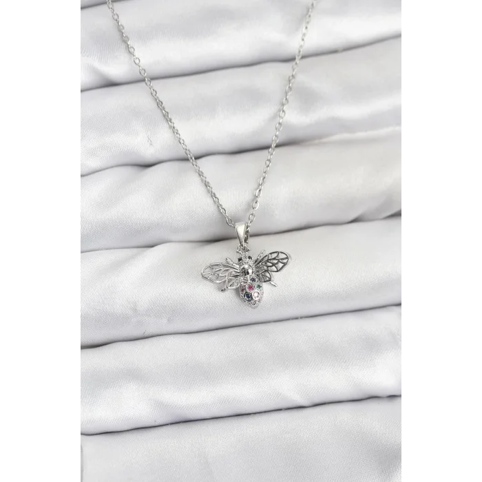 316L Çelik Zincir Gümüş Renk Sinek Model Zirkon Taşlı Kadın Kolye