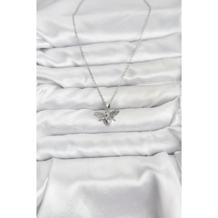316L Çelik Zincir Gümüş Renk Sinek Model Zirkon Taşlı Kadın Kolye