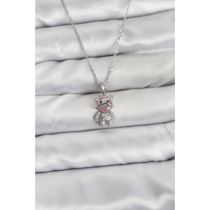 316L Çelik Zincir Gümüş Renk Teddy Bear Model Zirkon Taşlı Kadın Kolye