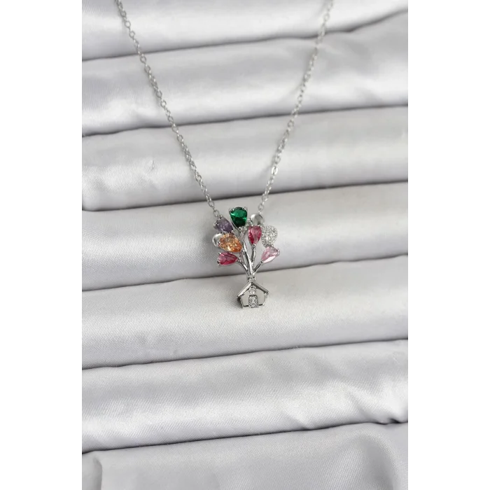 316L Çelik Zincir Gümüş Renk Uçan Balon Ev Figür Kadın Kolye