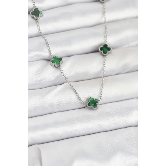 316L Çelik Zincir Gümüş Renk Yeşil Baby Boy Yonca Kadın Kolye