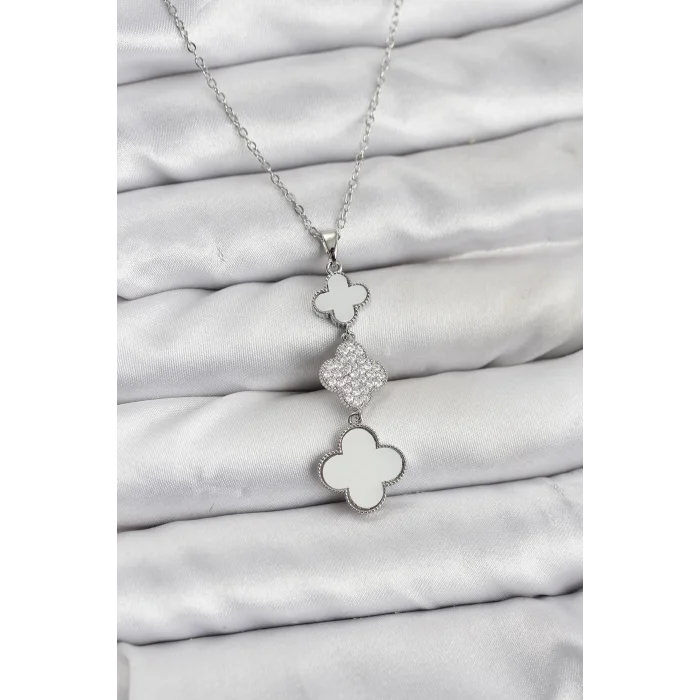316L Çelik Zincir Gümüş Renk Yonca Detaylı Zirkon Taşlı Kadın Kolye