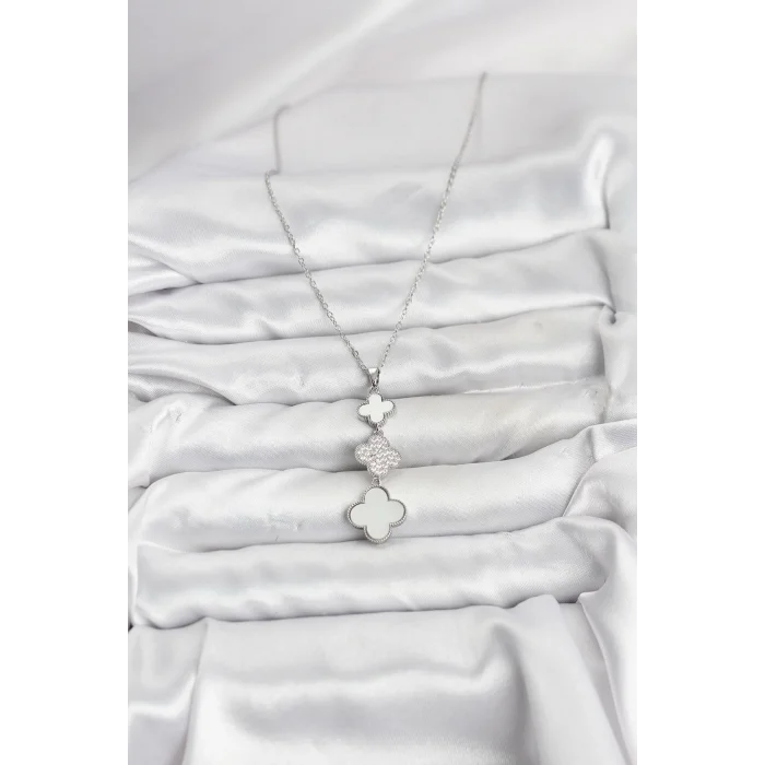 316L Çelik Zincir Gümüş Renk Yonca Detaylı Zirkon Taşlı Kadın Kolye