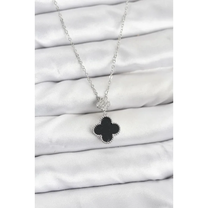 316L Çelik Zincir Gümüş Renk Yonca Model Zirkon Taşlı Kadın Kolye