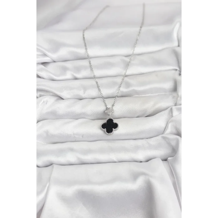 316L Çelik Zincir Gümüş Renk Yonca Model Zirkon Taşlı Kadın Kolye