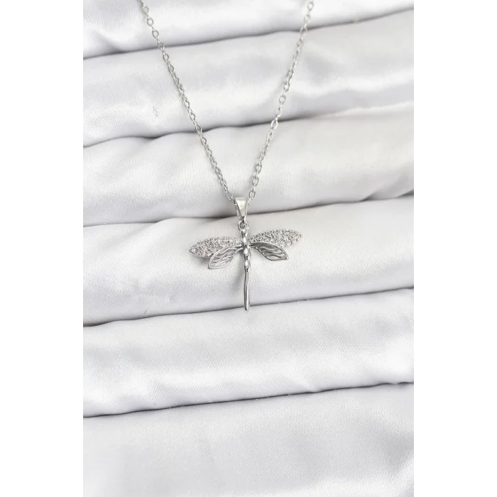 316L Çelik Zincir Gümüş Renk Yusufçuk Model Zirkon Taşlı Kadın Kolye