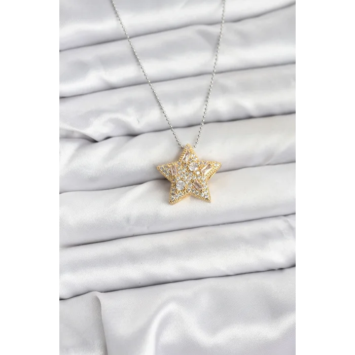 316L Çelik Zincir Gümüş Renk Zincirli Gold Yıldız Model Kadın Kolye