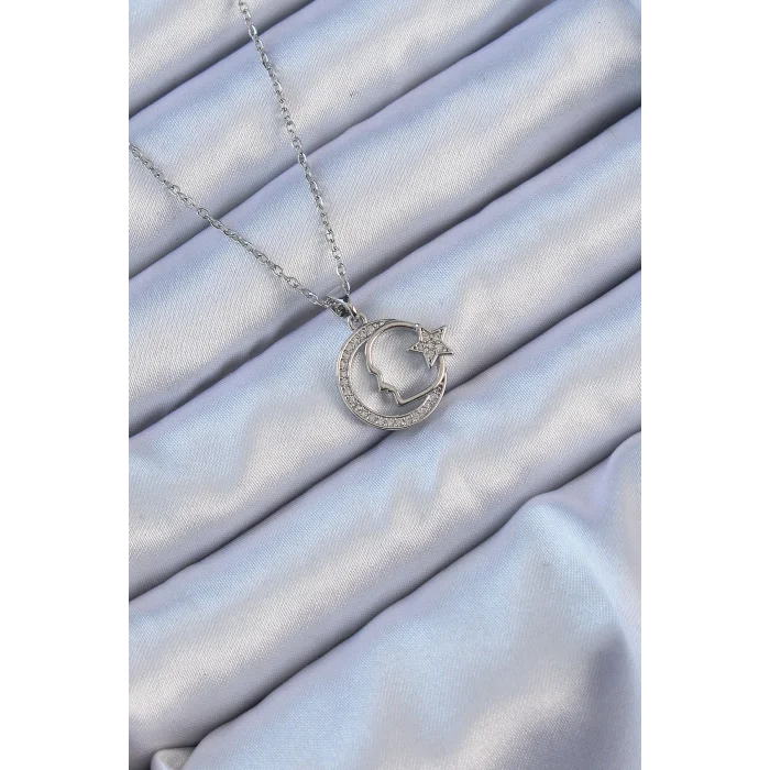 316L Çelik Zincir Gümüş Renk Zirkon Taşlı Ay Yıldız Simgeli Atatürk Kolye