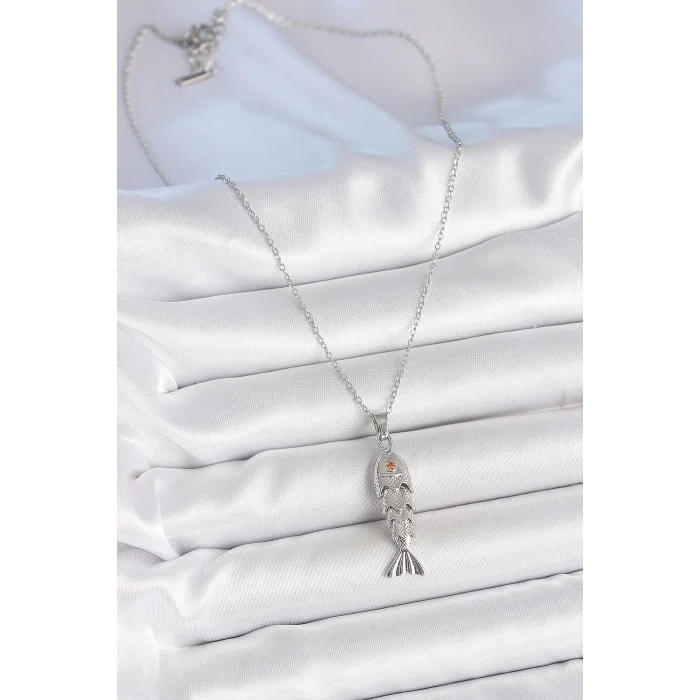 316L Çelik Zincir Gümüş Renk Zirkon Taşlı Balık Figürlü Kolye