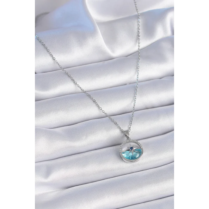 316L Çelik Zincir Gümüş Renk Zirkon Taşlı Deniz Görünüm Kutup Yıldızı Kolye