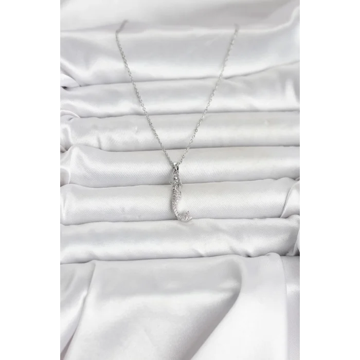 316L Çelik Zincir Gümüş Renk Zirkon Taşlı Deniz Kızı Model Kadın Kolye