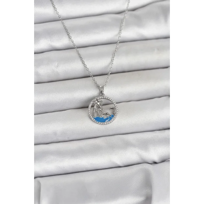 316L Çelik Zincir Gümüş Renk Zirkon Taşlı Deniz Temalı Kadın Kolye