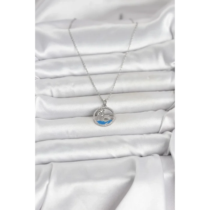 316L Çelik Zincir Gümüş Renk Zirkon Taşlı Deniz Temalı Kadın Kolye